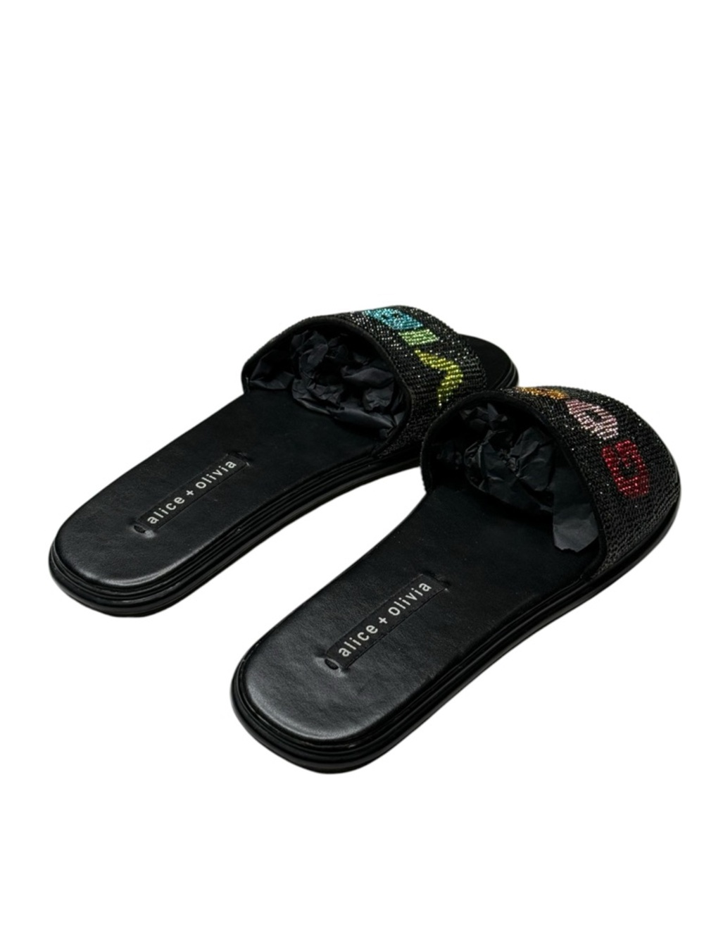 HTF: Alice + Olivia 𖦹 Tatum Good Vibes Slide Crystal Sandals 𖦹 Black 𖦹 7.5M 𖦹 - Picture 3 of 16